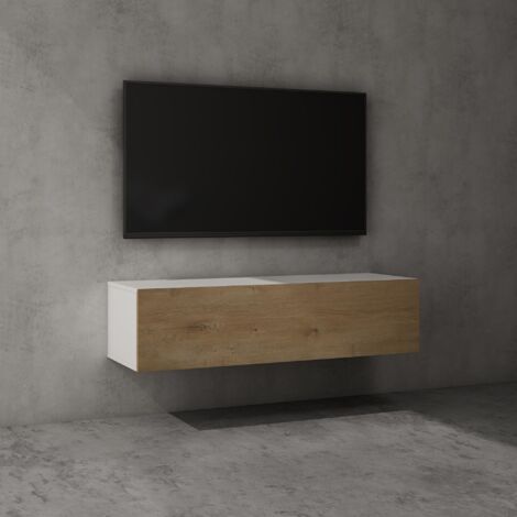 doporro Mueble de TV para Salón de 120cm en Blanco Mate y Núcleo de Roble Mesa TV, con Puerta Abatible hacia Abajo, Mueble de TV flotante, Estante TV 02