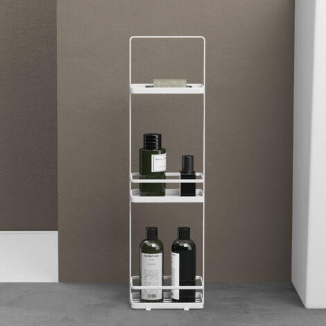 doporro Estante de Baño de Pie con 3 Niveles, Diseño con Mayor Espacio Entre Niveles, Asa Práctica, Drenaje con Ranuras, Barra Anticaída, Base Antideslizante, de Acero Carbono, Blanco, Reglo-02