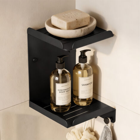 doporro Estante de Baño Esquinero 2 Niveles sin Taladro, Estantería de Pared, Acero al Carbono Antióxido, Diseño Drenante, Instalación Adhesiva o con Tornillos, Negro, Reglo-14