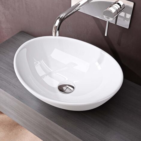 doporro Lavabo sobre Encimera Blano Brillante de Cerámica 41x33x14cm Lavabo de Mano Ovalado Brüssel205