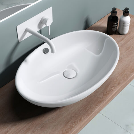 doporro® Lavabo sobre encimera de cerámica en blanco, diseño Brüssel306, 63 cm de ancho con nano revestimiento de fácil limpieza
