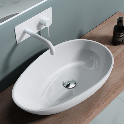 doporro® lavabo sobre encimera ovalado 59,8x36x14cm diseño Colossum809 lavabo blanco brillante de mineral fundido de sin orificio para grifería