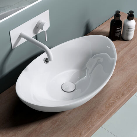doporro® Lavabo sobre encimera ovalado de cerámica 59x38.3x19.2cm en blanco brillante sin orificio para grifo lavabo con rebosadero Brüsel818