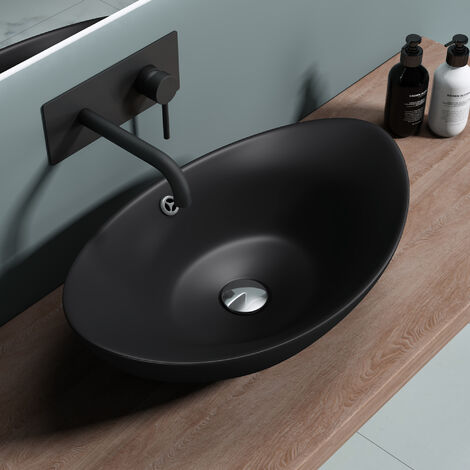doporro® Lavabo ovalado de baño 59x38x19cm Brüssel818 Lavabo sobre encimera de cerámica en color antracita mate con nano revestimiento
