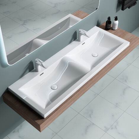 doporro® Lavabo empotrado blanco de diseño Colossum03 de 144cm de ancho Lavabo doble de mármol mineral fundido