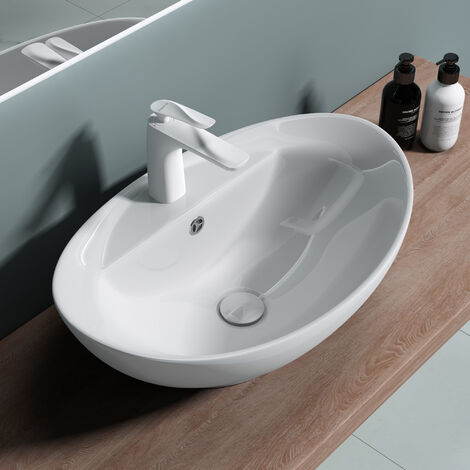 doporro® Lavabo sobre encimera de cerámica de diseño Brüssel302, 59cm de ancho con nano revestimiento de fácil limpieza