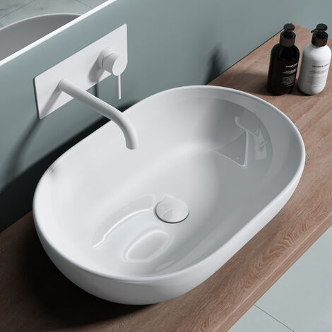 doporro® Lavabo sobre encimera de cerámica en blanco, diseño Brüssel322, 60 cm de ancho con nano revestimiento de fácil limpieza