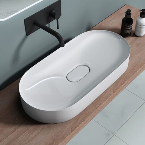 doporro Lavabo sobre Encimera Lavabo Baño Ovalado Blanco Brillante Mármol Fundido con Recubrimiento de Nano Fácil de Limpiar 70x36x10cm Colossum826
