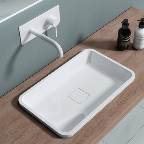 doporro® Colossum104 lavabo de encastre 53x33x10,5cm blanco de mármol fundido rectangular con tapa desagüe