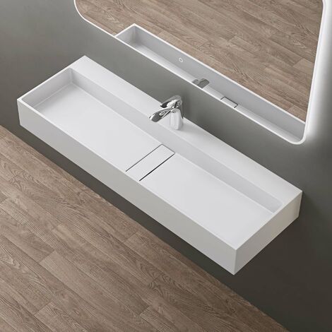 doporro Lavabo sobre encimera 120x40x14cm de diseño Colossum6028 lavabo en blanco de fundición mineral con 1 orificio para grifería