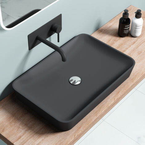 doporro® Lavabo suspendido o Lavabo sobre encimera rectangular antracita mate Colossum815 60x40x9cm hecho de mármol mineral fundido Conexíones DIN