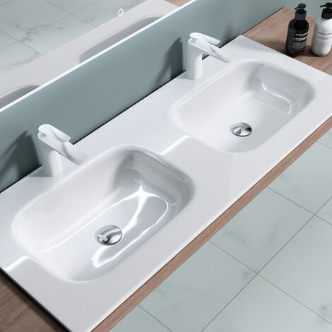 doporro® Lavabo empotrado blanco de diseño Colossum04 de 120cm Lavabo doble de mármol mineral fundido