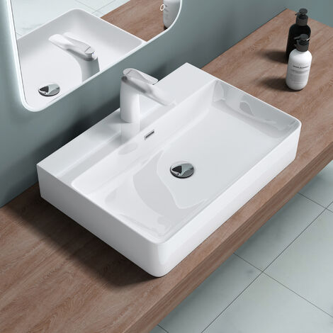 doporro® Lavamanos de cerámica 60x42x12cm lavabo blanco con orificio para grifería Mei201-600