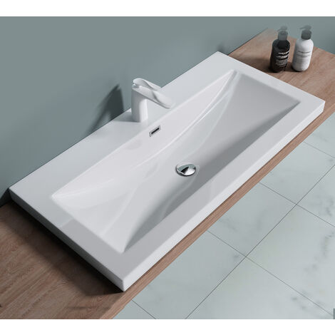 doporro® Lavabo encastrado diseño Colossum01 100x48x13cm lavabo blanco para tocador o mueble fabricado en mármol fundido