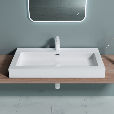 doporro® Lavabo suspendido o Lavabo sobre encimera blanco rectangular Colossum818 de 90cm de ancho Lavabo de mármol mineral fundido