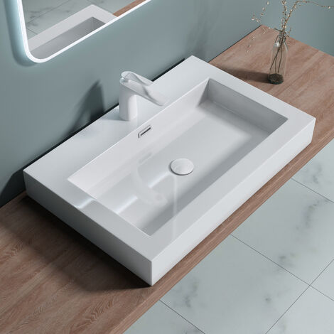 doporro® Lavabo suspendido o Lavabo sobre encimera blanco rectangular Colossum818 de 73cm de ancho Lavabo de mármol mineral fundido