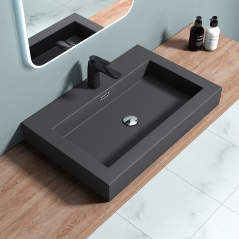 doporro® 73x48x10cm Lavabo sobre encimera antracita mate Colossum18-730 de fundición mineral lavabo suspendido de mármol