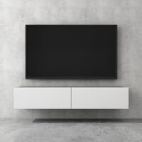 doporro Mueble de TV para Salón 160x40,2x30cm Mesa TV con Puerta Abatible hacia Abajo, en Gris Negro Mate + Blanco, Mueble de TV flotante, Estante TV 02