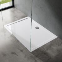 doporro Plato de ducha plano diseño Faro2W 90x100x4cm de acrílico en blanco rectangular incl. Válvula de Desagüe AL02 adecuada para instalación a nivel del suelo y conexiones-DIN