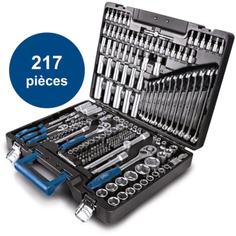Scheppach Coffret à outils TB217 - Coffret multi outils - Valise d'outils - Jeu de clés à douilles - 217 pièces - Bien rangés et à portée de main - En Acier Chrome Vanadium