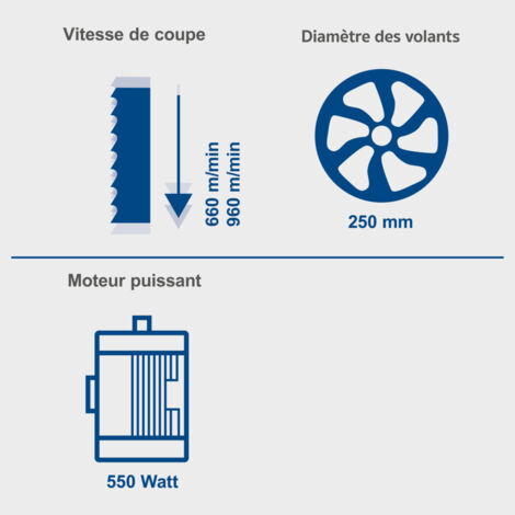 Scheppach Scie à ruban HBS261  Hauteur de passage 120mm  2 vitesses de coupe 660/960 m/min  Réglage de la table 0-45°  Gabarit de coupe transversale et butée parallèle inclus