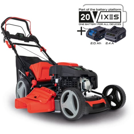 Scheppach Tondeuse à gazon hybride MS225-53E – Moteur 4 temps 224 cm3 / 6 CV – 4400 W – Largeur de coupe 53 cm – Démarrage électrique – Bac 65 L – Batteries, chargeurs, huile inclus