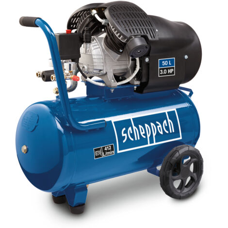 Scheppach Compresseur à air double cylindre HC53DC – 2200 W – Cuve de 50 L – Pression 10bar – Débit d’aspiration 412 l/min – Changement d’outil rapide – Régulateur de pression