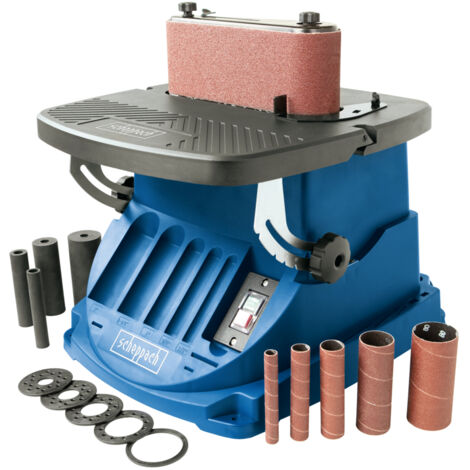 Scheppach Ponceuse oscillante OSM600 - Ponceuse à bande et à broche -450 W - Course d'oscillation 16 mm - 5 manchons abrasifs - Broches Ø13/19/26/38/51 mm - Inclinable à 45°