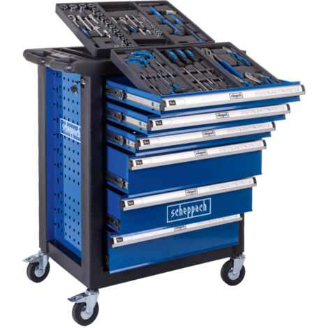 Scheppach Servante d'atelier toute équipée TW1150 - 70 outils - verrouillable - 6 tiroirs - 4 roulettes + freins - pivotant à 360° - 76 x 46 x 96,5 cm