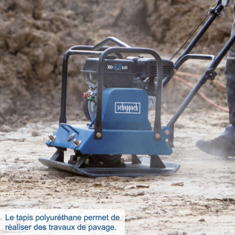 Scheppach Plaque vibrante thermique HP1800S – Compacteur 6,5 CV – Pression de compactage 23 kN – Profondeur 30 cm – Vitesse 25 m/min – Tapis en caoutchouc et dispositif de déplacement inclus