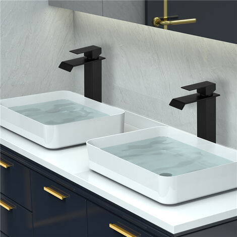 Noir robinet salle de bain Mitigeur pour vasque Haut bec pivotant 360° robinetterie de lavabo en acier Inox Design moderne