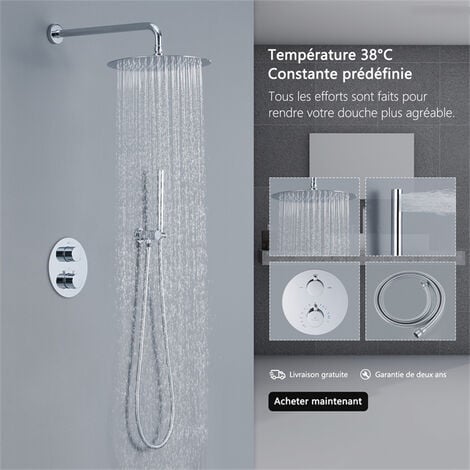 PONSI Colonne de douche Carré avec Thermostatique Tête de douche 30X30 avec  douchette à main rectangulaire