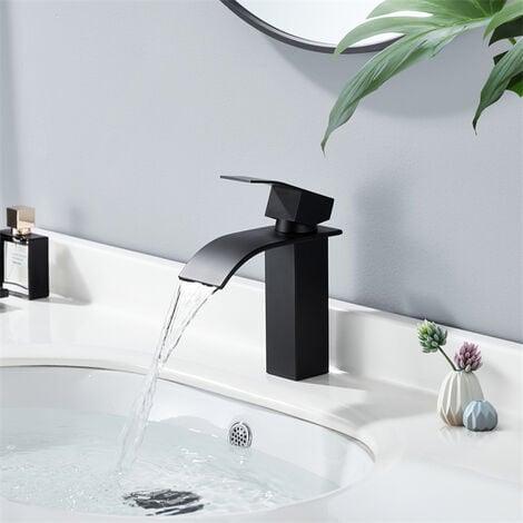 Mitigeur de salle de bain cascade noir, mitigeur de lavabo carré en laiton,  mitigeur de lavabo de comptoir chaud et froid 