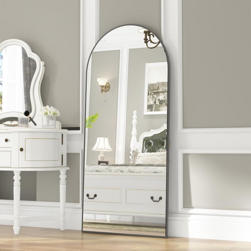 Grand Miroir Sur Pied Bombé 165x60 Cm En Verre Trempé - Noir, Polyvalent Pour Chambre Et Salon