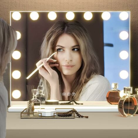 CASSILANDO Miroir de maquillage Hollywood avec 15 ampoules LED, 3 modes d'éclairage couleur, luminosité réglable, port USB, commande tactile intelligente