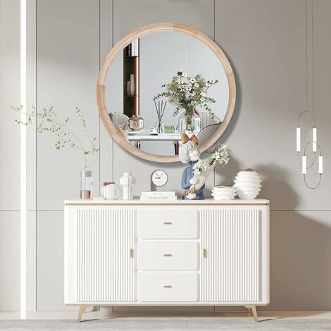 CASSILANDO 76cm miroir mural rond en bois de , grand miroir décoratif rond, salon, salle de bain, chambre, entrée, naturel
