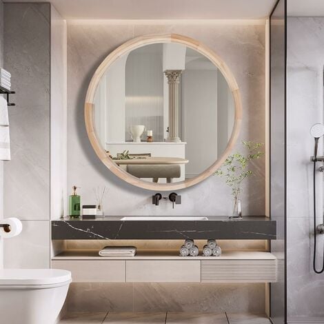CASSILANDO 76cm miroir mural rond en bois de , grand miroir décoratif rond, salon, salle de bain, chambre, entrée, naturel