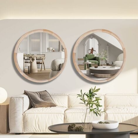 CASSILANDO 76cm miroir mural rond en bois de , grand miroir décoratif rond, salon, salle de bain, chambre, entrée, naturel