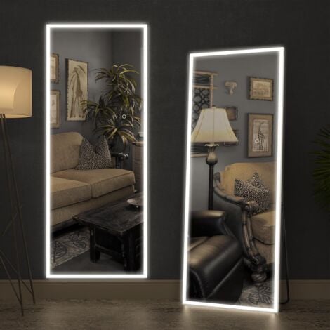 CASSILANDO 160 x 50 cm Miroir pleine longueur de avec lumières LED, miroir de sol sur pied, miroir mural, couleur variable et réglage de la luminosité pour chambre à coucher, LED, blanc avec support