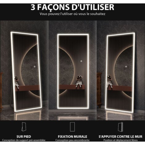 CASSILANDO 160 x 50 cm Miroir pleine longueur de avec lumières LED, miroir de sol sur pied, miroir mural, couleur variable et réglage de la luminosité pour chambre à coucher, LED, blanc avec support