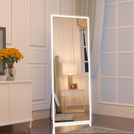 CASSILANDO 160 x 50 cm Miroir pleine longueur de avec lumières LED, miroir de sol sur pied, miroir mural, couleur variable et réglage de la luminosité pour chambre à coucher, LED, blanc avec support