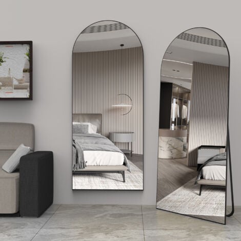 CASSILANDO Arc Miroir pleine longueur, miroir de sol, miroir de sol autoportant sur toute la longueur avec support pour chambre à coucher, miroir suspendu pour salon, vestiaire, noir