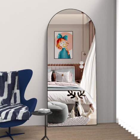CASSILANDO Arc Miroir pleine longueur, miroir de sol, miroir de sol autoportant sur toute la longueur avec support pour chambre à coucher, miroir suspendu pour salon, vestiaire, noir