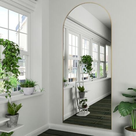 CASSILANDO Miroir en arc sur toute la longueur, miroir de sol, miroir de sol autoportant sur toute la longueur avec support pour chambre à coucher, miroir suspendu pour salon, vestiaire, doré