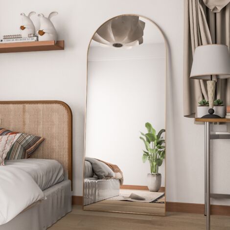 CASSILANDO Miroir en arc sur toute la longueur, miroir de sol, miroir de sol autoportant sur toute la longueur avec support pour chambre à coucher, miroir suspendu pour salon, vestiaire, doré