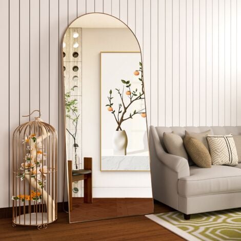 CASSILANDO Miroir en arc sur toute la longueur, miroir de sol, miroir de sol autoportant sur toute la longueur avec support pour chambre à coucher, miroir suspendu pour salon, vestiaire, doré