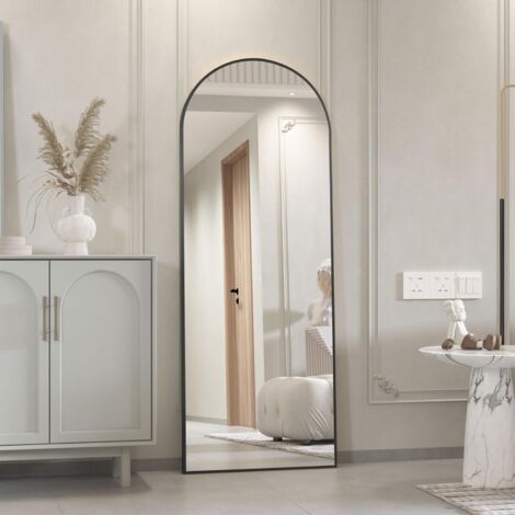 CASSILANDO Arc Miroir pleine longueur, miroir de sol, miroir de sol autoportant sur toute la longueur avec support pour chambre à coucher, miroir suspendu pour salon, vestiaire, noir