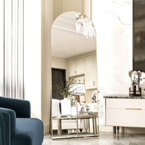 CASSILANDO Miroir en arc sur toute la longueur, miroir de sol, miroir de sol autoportant sur toute la longueur avec support pour chambre à coucher, miroir suspendu pour salon, vestiaire, doré