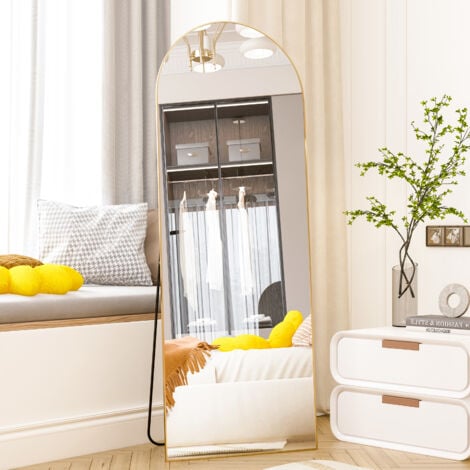CASSILANDO Miroir en arc sur toute la longueur, miroir de sol, miroir de sol autoportant sur toute la longueur avec support pour chambre à coucher, miroir suspendu pour salon, vestiaire, doré