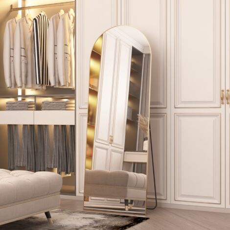 CASSILANDO Miroir en arc sur toute la longueur, miroir de sol, miroir de sol autoportant sur toute la longueur avec support pour chambre à coucher, miroir suspendu pour salon, vestiaire, doré